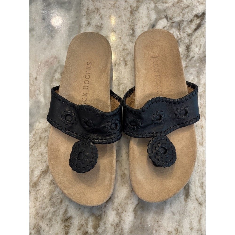 Jack Rogers Lauren II Black Leather Floral Slide Sandals Women's Size 5m